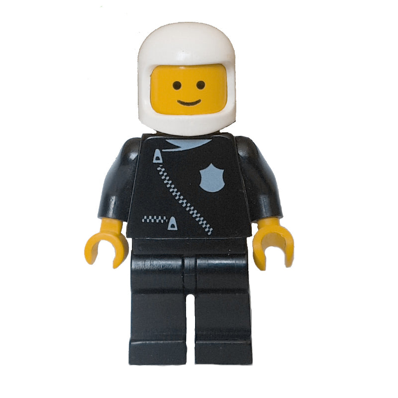 fig-000039 – Policeman, Black Jacket with Zipper, White Helmet (3842a Helmet)
