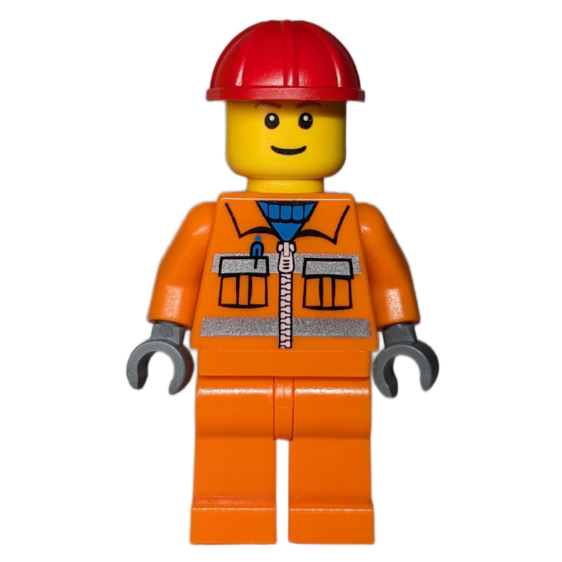fig-000048 – Construction Worker, Orange Jacket with Zipper and Reflective Stripes, Orange Legs, Red Hard Hat, Brown Eyebrows