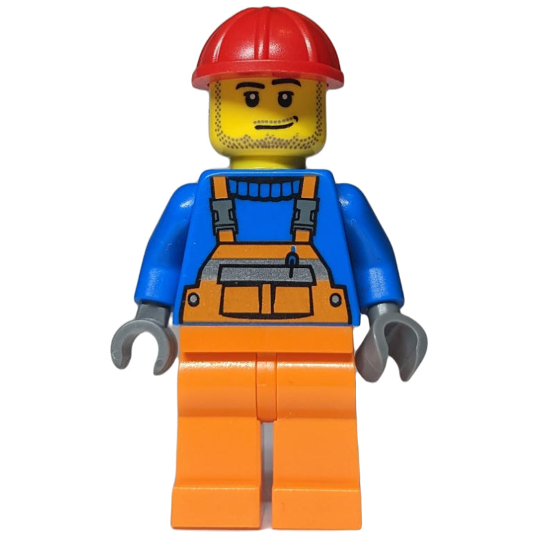 fig-000051 – Worker, Orange Overalls over Blue Sweater, Red Hard Hat (3626b Head)