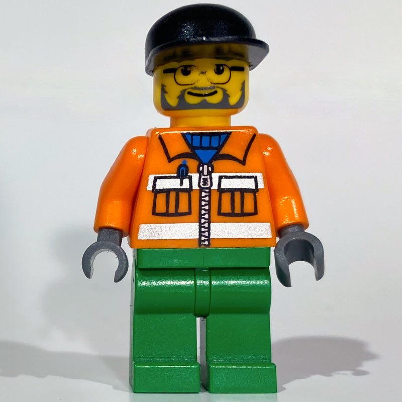 fig-000059 – Construction Worker, Orange Jacket with Zipper and Reflective Stripes, Green Legs, Black Cap, Beard and Glasses