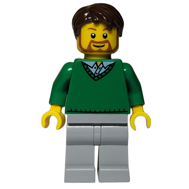 fig-000067 – Man, Green V-Neck Sweater, Light Bluish Gray Legs, Beard