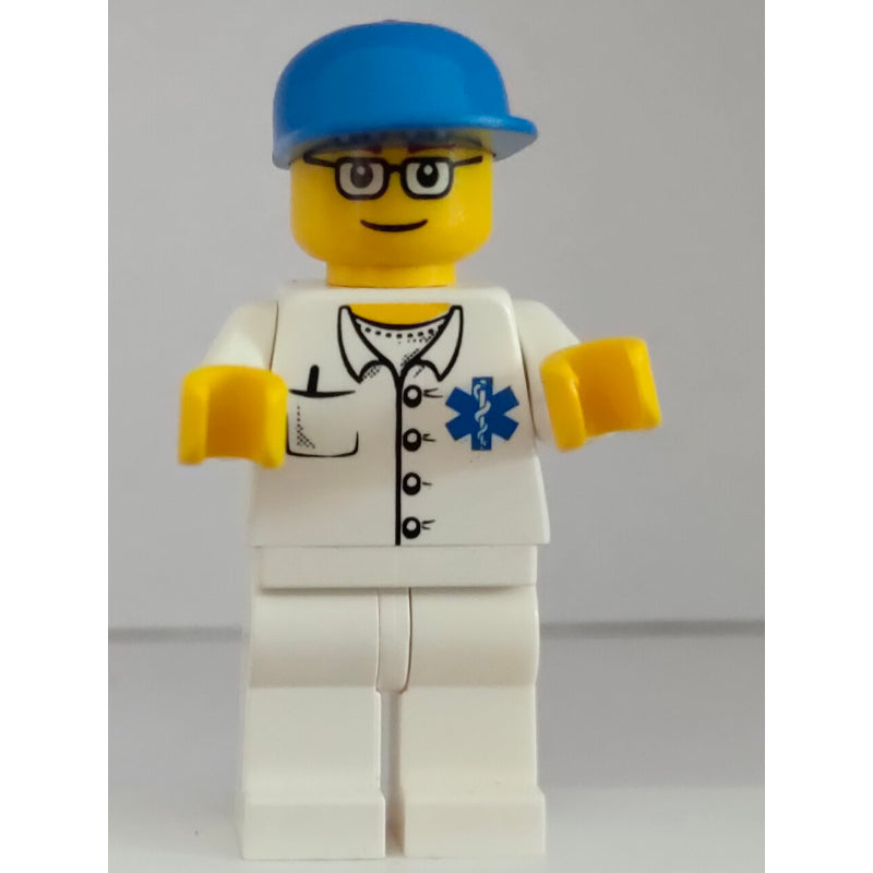 fig-000077 – Doctor, White Shirt with Star of Life Logo, Blue Cap, Glasses