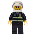 fig-000087 – Fireman, Black Fire Jacket with Reflective Stripes, Radio, and Badge, White Helmet with Visor, Cheek Lines