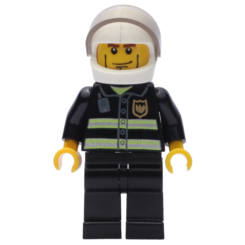 fig-000087 – Fireman, Black Fire Jacket with Reflective Stripes, Radio, and Badge, White Helmet with Visor, Cheek Lines