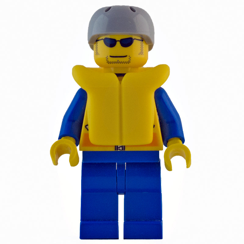 fig-000090 – Coast Guard, Yellow Jacket with Zipper, Radio and Badge, Light Bluish Gray Helmet, Yellow Life Vest, Sunglasses