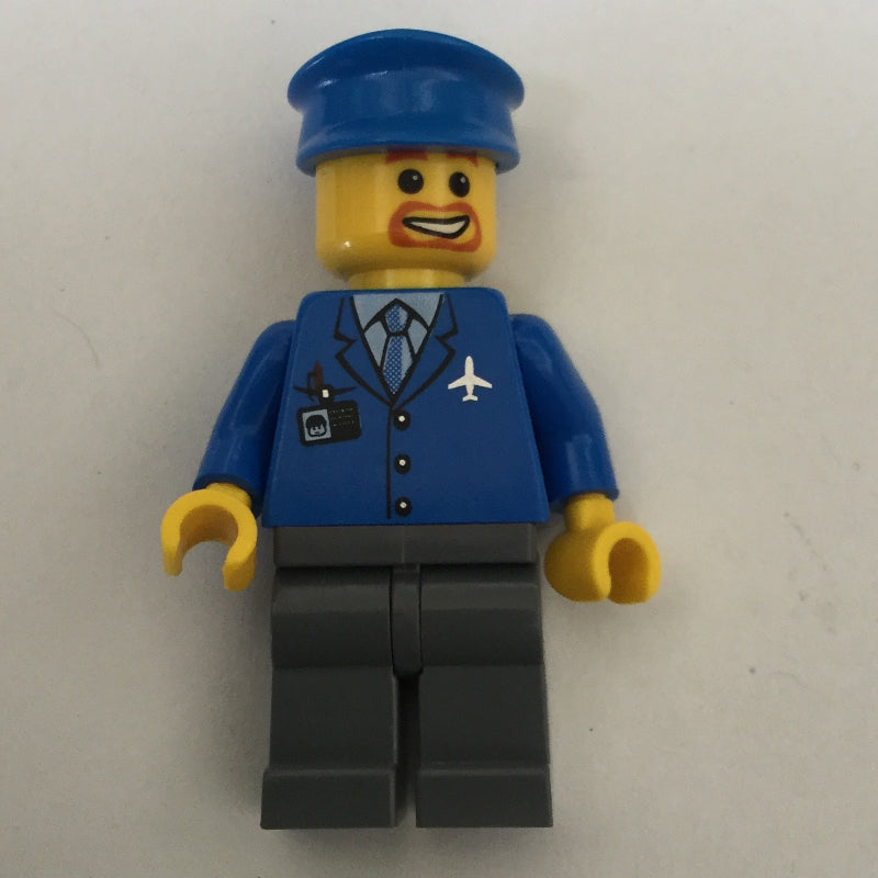 fig-000095 – Pilot, Blue Jacket with Plane Logo and Blue Tie, Blue Hat, Goatee Beard