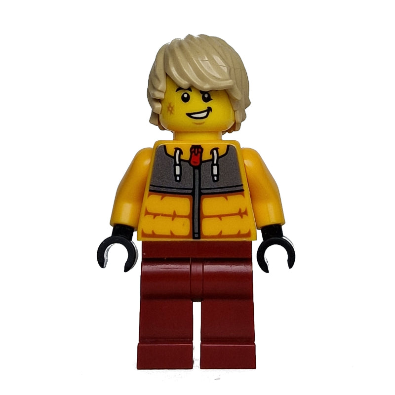 fig-000098 – Snowboarder, Bright Light Orange Jacket, Dark Red Legs