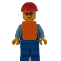 fig-000101 – Man, Blue Overalls over Shirt, Red Hard Hat, Orange Vest, Orange Sunglasses