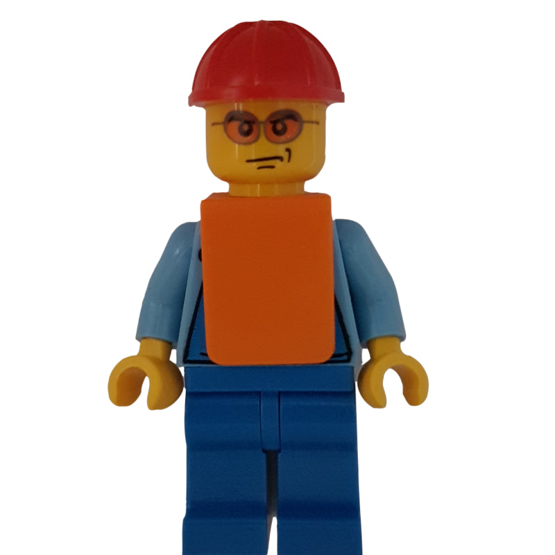 fig-000101 – Man, Blue Overalls over Shirt, Red Hard Hat, Orange Vest, Orange Sunglasses