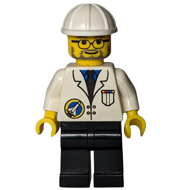 fig-000102 – Space Port Ground Grew, White Jacket, Black Legs, White Hard Hat, Beard and Glasses
