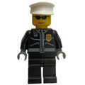 fig-000108 – Policeman, Black Jacket with Zipper, Radio, and Badge, White Hat, Sunglasses