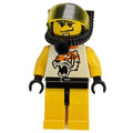 fig-000126 – Racer, Yellow and White Outfit with Tiger, Black Diving Helmet with Visor
