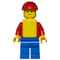 fig-000134 – Construction Worker, Red Torso, Blue Legs, Red Hard Hat, Yellow Vest