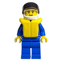 fig-000135 – Racer, Blue Jumpsuit with Octan Logo, White Helmet with Visor, Yellow Life Vest