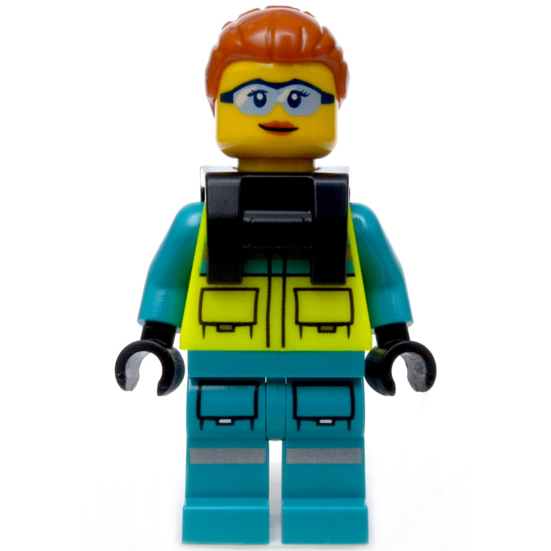 fig-000136 – Paramedic, Vibrant Yellow Safety Vest, Dark Turquoise Legs, Dark Orange Hair, Safety Glasses