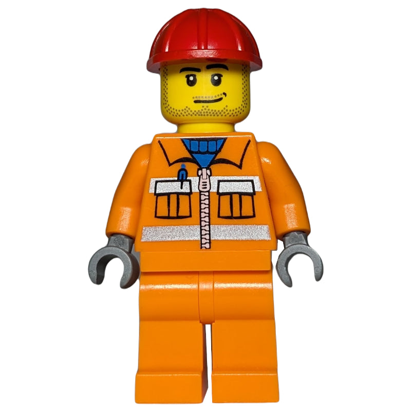 fig-000140 – Construction Worker, Orange Jacket with Zipper and Reflective Stripes, Red Hard Hat, Stubble