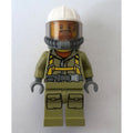 fig-000141 – Volcano Explorer, Man, Olive Green Jumpsuit with Straps, White Hard Hat with Visor, Breathing Apparatus, Airtanks, Goatee Beard