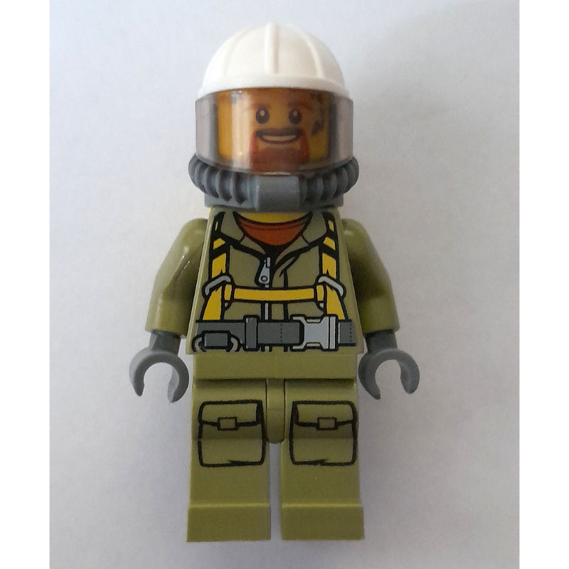 fig-000141 – Volcano Explorer, Man, Olive Green Jumpsuit with Straps, White Hard Hat with Visor, Breathing Apparatus, Airtanks, Goatee Beard