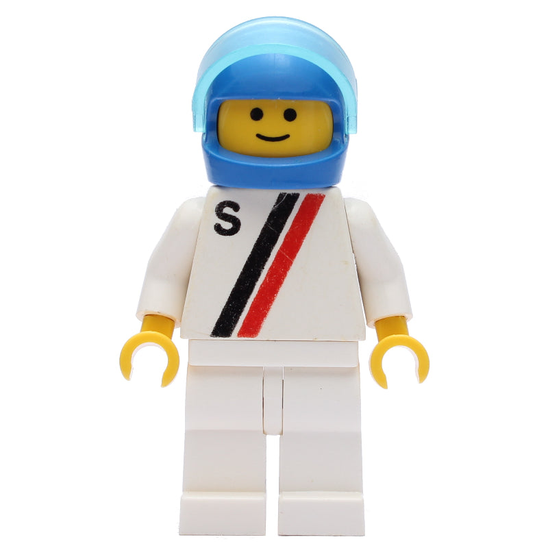 fig-000146 – Racer, White Shirt with Two Stripes and 'S', White Legs, Blue Helmet with Visor