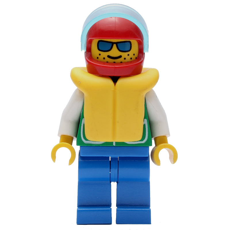 fig-000155 – Man, Green Jacket, Blue Legs, Red Helmet with Visor, Yellow Life Vest, Blue Sunglasses