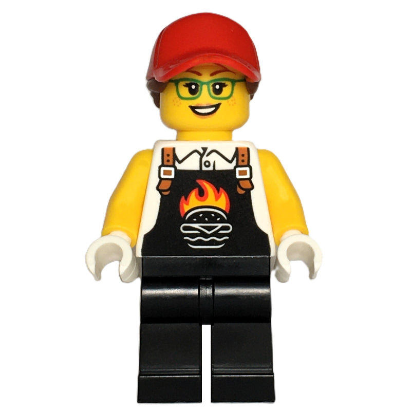 fig-000161 – Chef, Black Apron with Flaming Burger, Black Legs, Red Cap, Glasses