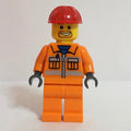 fig-000162 – Construction Worker, Orange Jacket with Zipper and Reflective Stripes, Red Hard Hat, Goatee Beard
