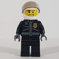 fig-000164 – Policeman, Black Jacket with Zipper, Radio, Badge, and 'POLICE' on Back, White Helmet with Visor, Open Mouth