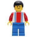fig-000168 – Soccer Player White Torso with Blue/Red Stripes, Blue Legs, Black Hair