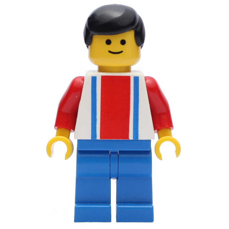 fig-000168 – Soccer Player White Torso with Blue/Red Stripes, Blue Legs, Black Hair