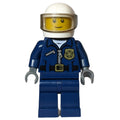 fig-000169 – Policeman, Dark Blue Jacket with Zipper, Badge, and 'POLICE' on Back, White Helmet with Visor