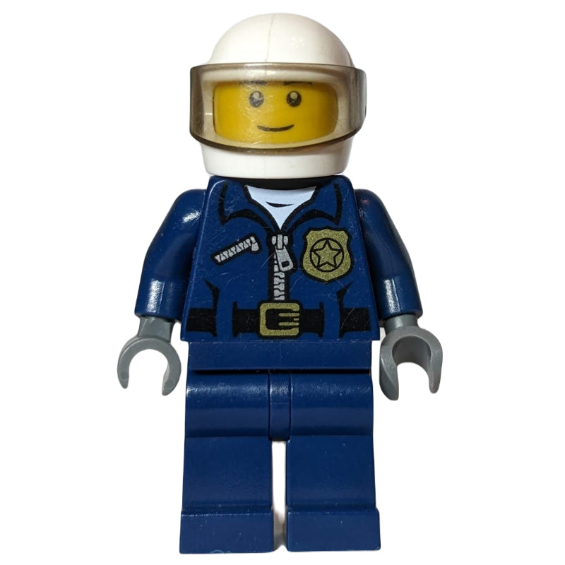 fig-000169 – Policeman, Dark Blue Jacket with Zipper, Badge, and 'POLICE' on Back, White Helmet with Visor