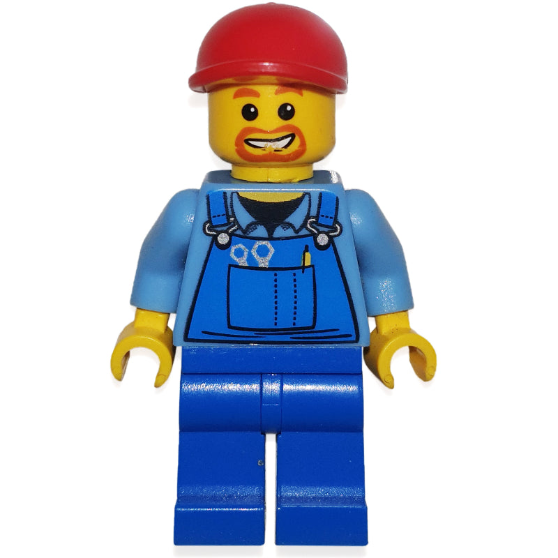 fig-000175 – Man, Blue Overalls over Shirt, Blue Legs, Red Cap, Goatee Beard