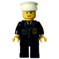 fig-000185 – Policeman, Black Jacket with Pocket and Badge, White Hat, Smile, Brown Eyebrows