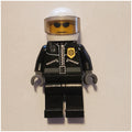 fig-000198 – Policeman, Black Jacket with Zipper, Radio, and Badge, White Helmet and Visor, Sunglasses