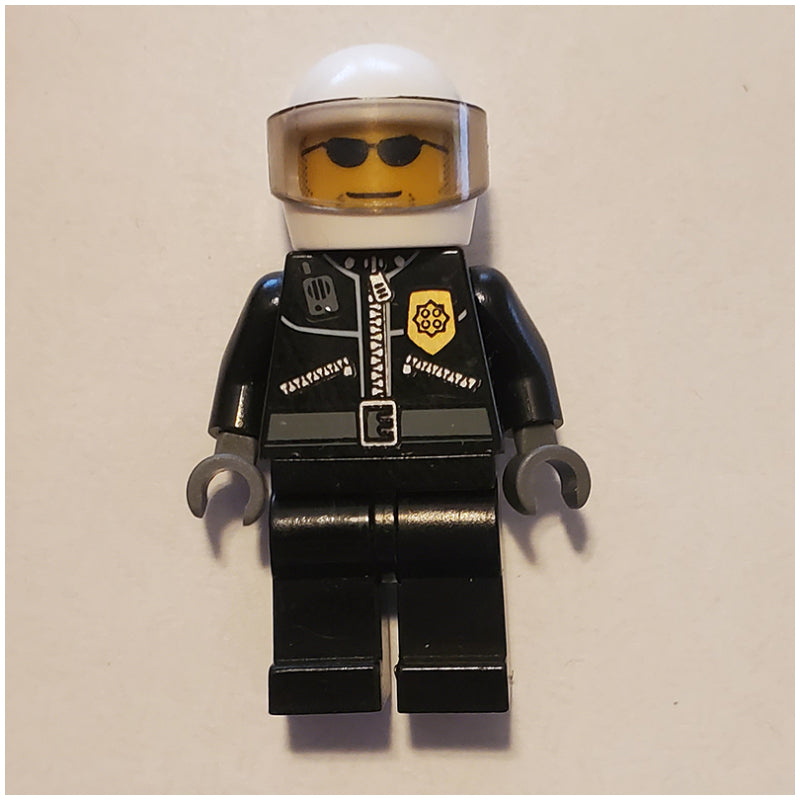 fig-000198 – Policeman, Black Jacket with Zipper, Radio, and Badge, White Helmet and Visor, Sunglasses