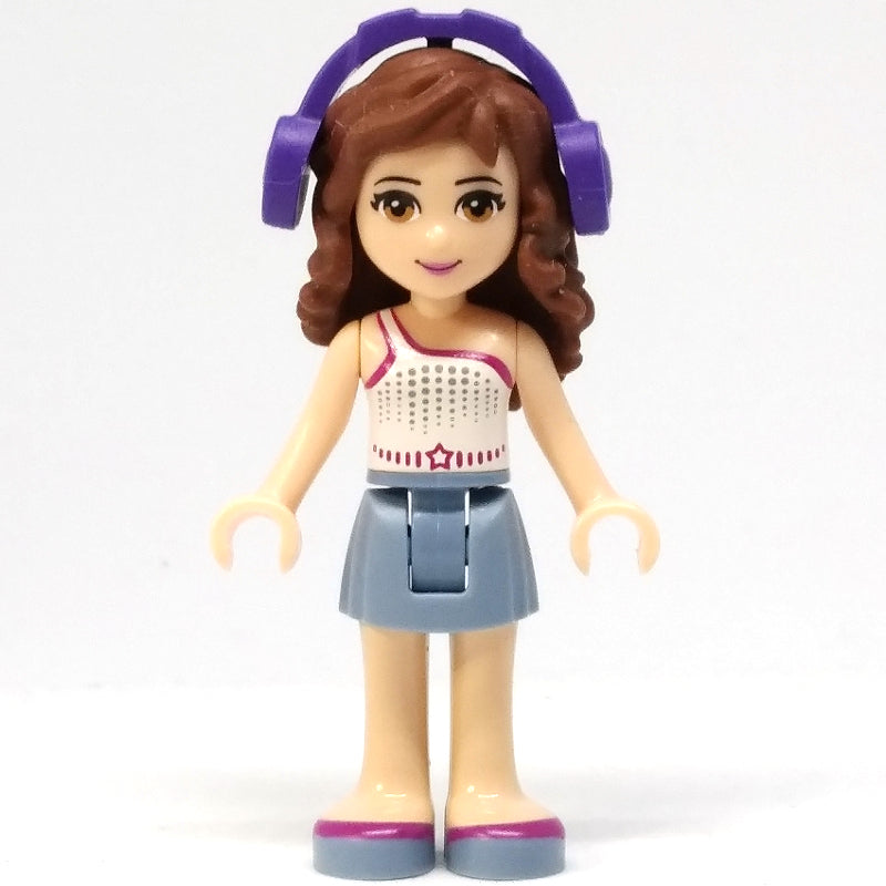 fig-000202 – Olivia - White Top, Sand Blue Skirt, Headphones