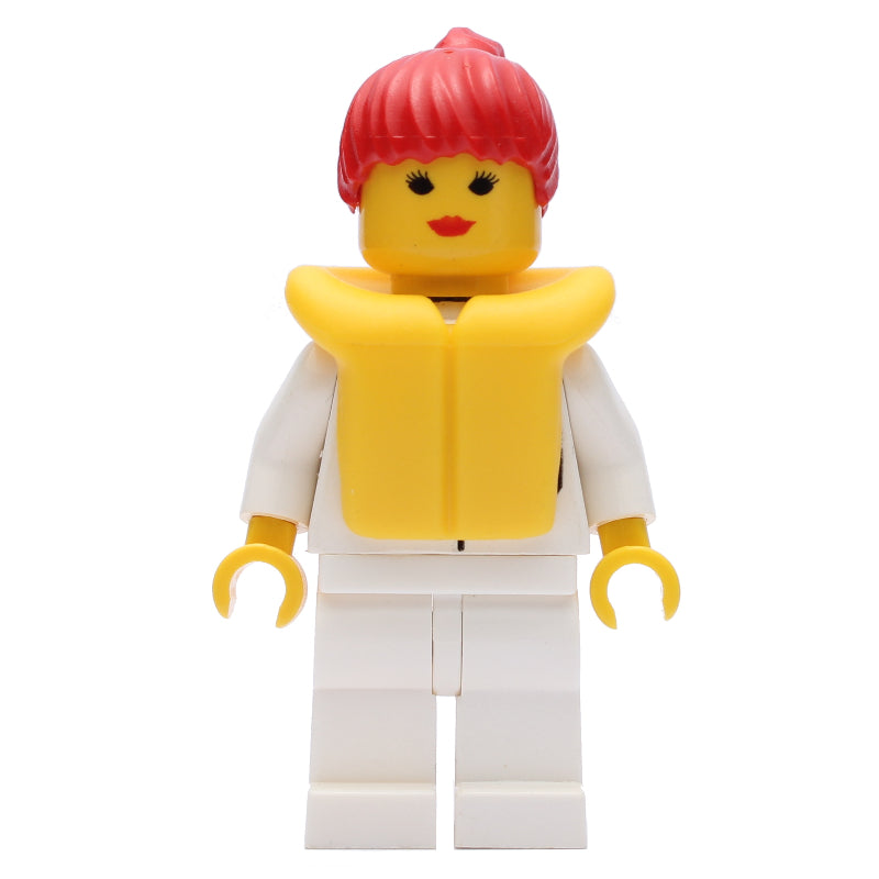 fig-000203 – Woman, White Shirt with Pockets, White Legs, Red Hair, Yellow Life Vest