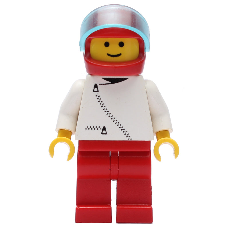 fig-000205 – Man, White Jacket with Zipper, Red Legs, Red Helmet with Visor