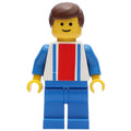 fig-000207 – Man, White Top with Large Red Stripe and 2 Blue Stripes, Blue Legs, Brown Hair
