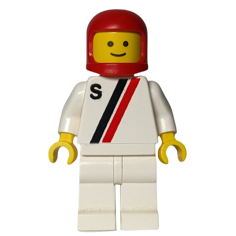 fig-000220 – Racer, White Shirt with Two Stripes and 'S', White Legs, Red Helmet