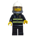 fig-000226 – Fireman, Black Fire Jacket with Reflective Stripes, Radio, and Badge, White Helmet, Breathing Apparatus, Airtanks, Silver Sunglasses