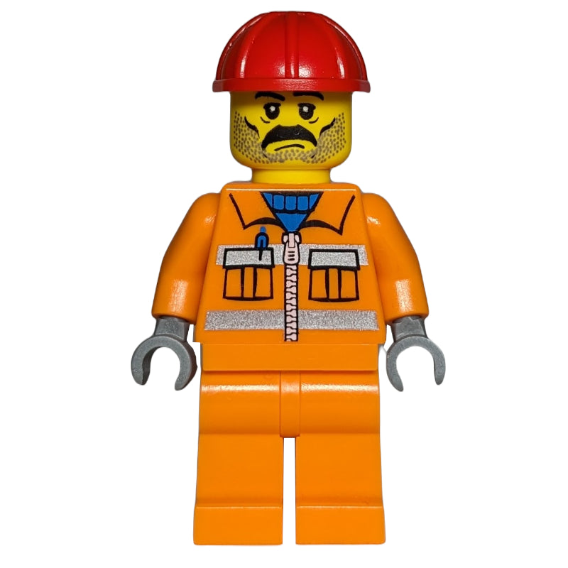 fig-000248 – Construction Worker, Orange Jacket with Zipper and Reflective Stripes, Orange Legs, Red Hard Hat, Moustache and Stubble