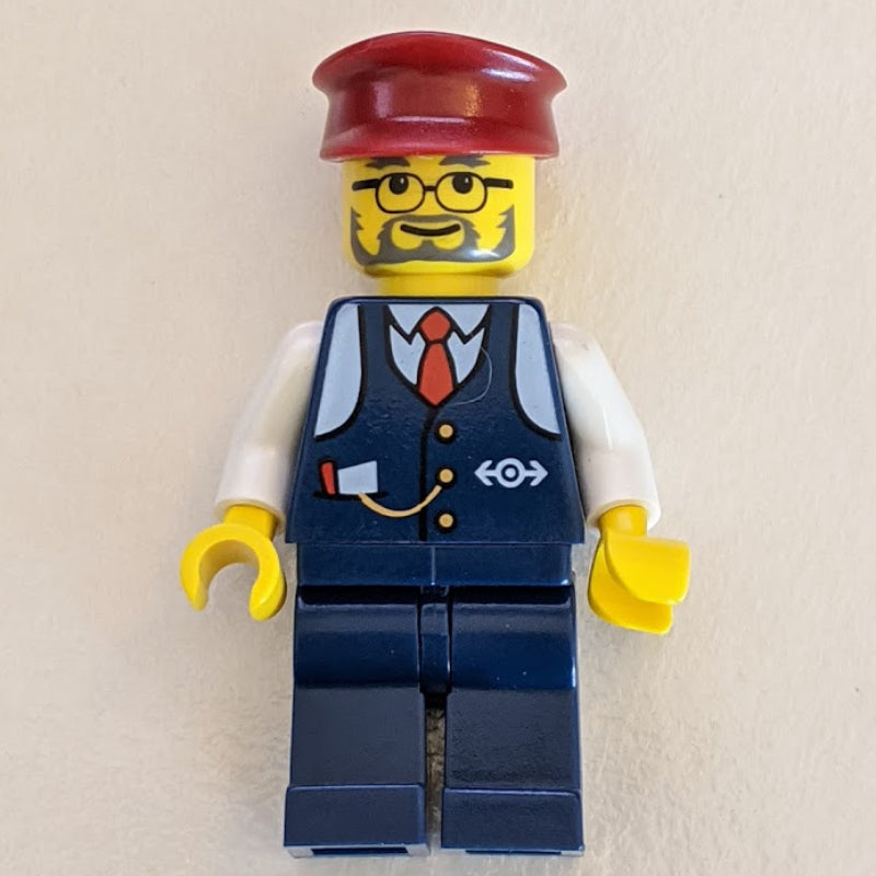 fig-000253 – Conductor - Dark Blue Jacket, Dark Blue Legs, Dark Red Hat, Glasses