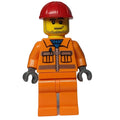fig-000254 – Construction Worker in Orange Jacket with Zipper and Reflective Stripes, Red Helmet, Smirk and Stubble Beard