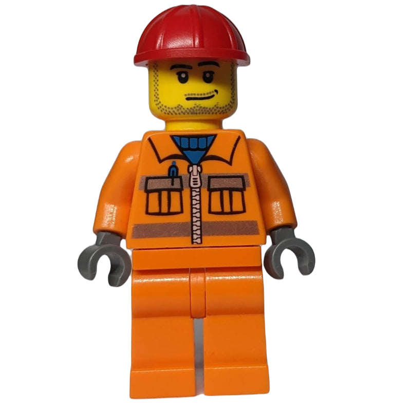 fig-000254 – Construction Worker in Orange Jacket with Zipper and Reflective Stripes, Red Helmet, Smirk and Stubble Beard