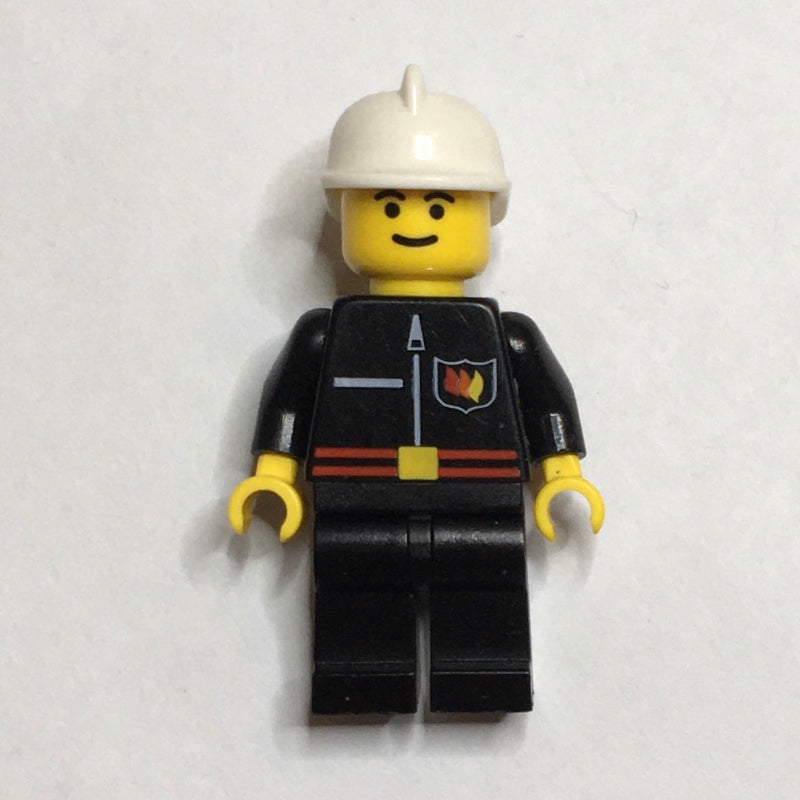 fig-000258 – Fireman, Black Fire Jacket with Red Belt and Badge, White Helmet