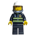 fig-000266 – Fireman, Black Fire Jacket with Radio and Badge, White Helmet, Airtanks, Breathing Apparatus