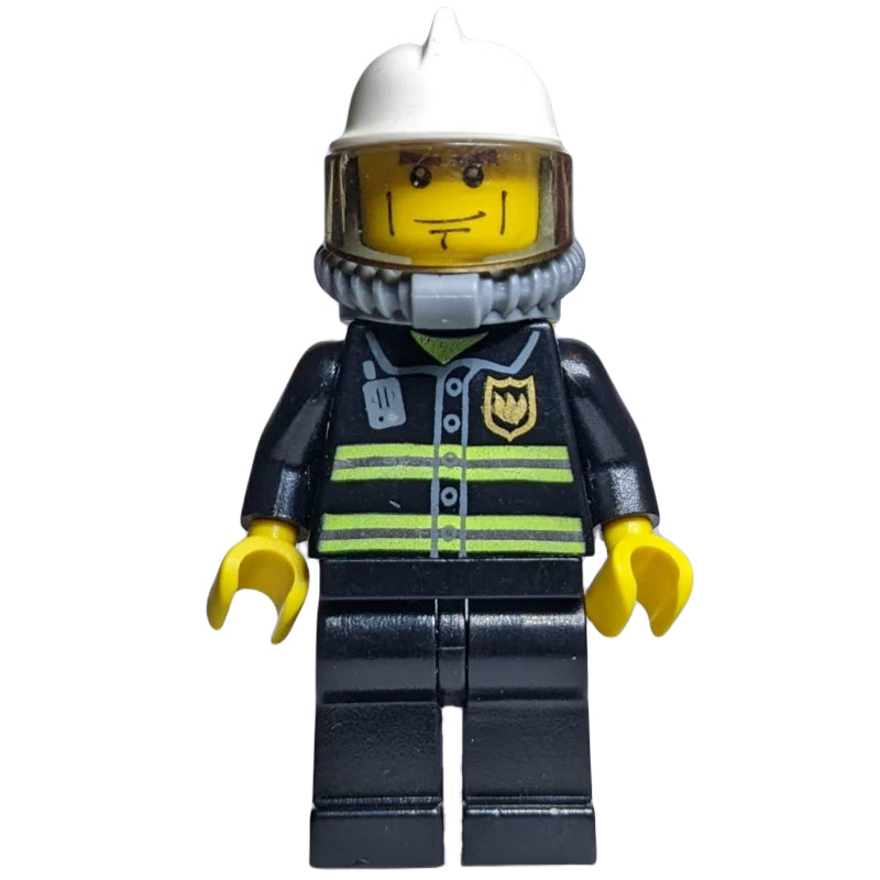 fig-000266 – Fireman, Black Fire Jacket with Radio and Badge, White Helmet, Airtanks, Breathing Apparatus