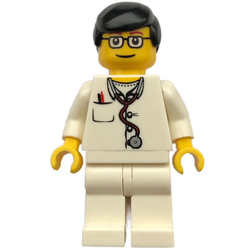 fig-000271 – Doctor, White Torso with Stethoscope and Pocket, White Legs, Black Hair, Glasses