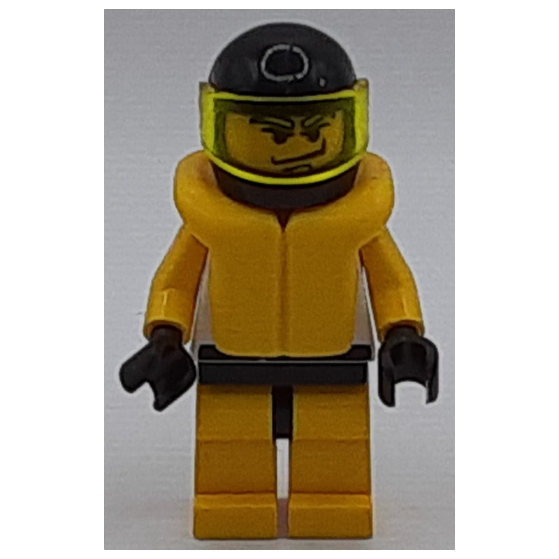 fig-000283 – Racer, Yellow and White Outfit with Tiger, Black Helmet with Visor, Yellow Life Vest